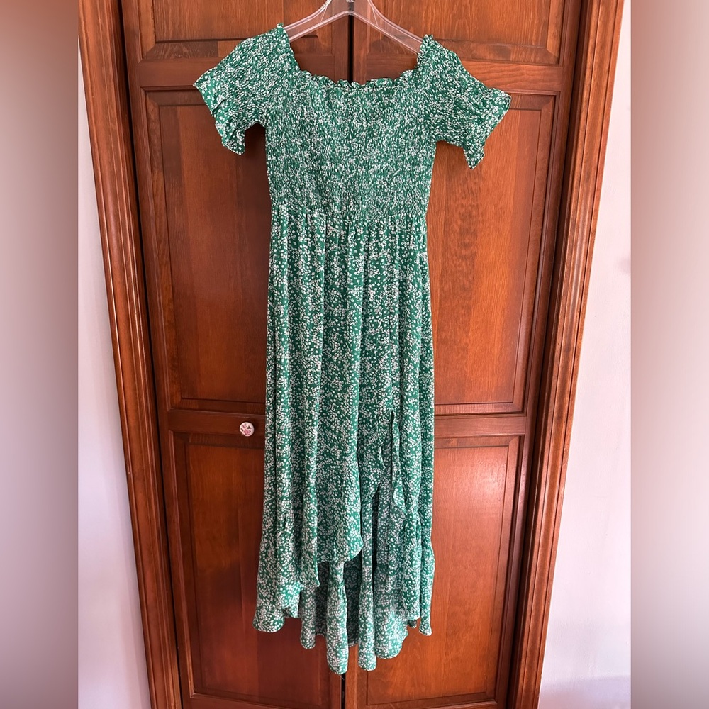 Lulus Off-Shoulder Smocked High-Low Dress, Green Print